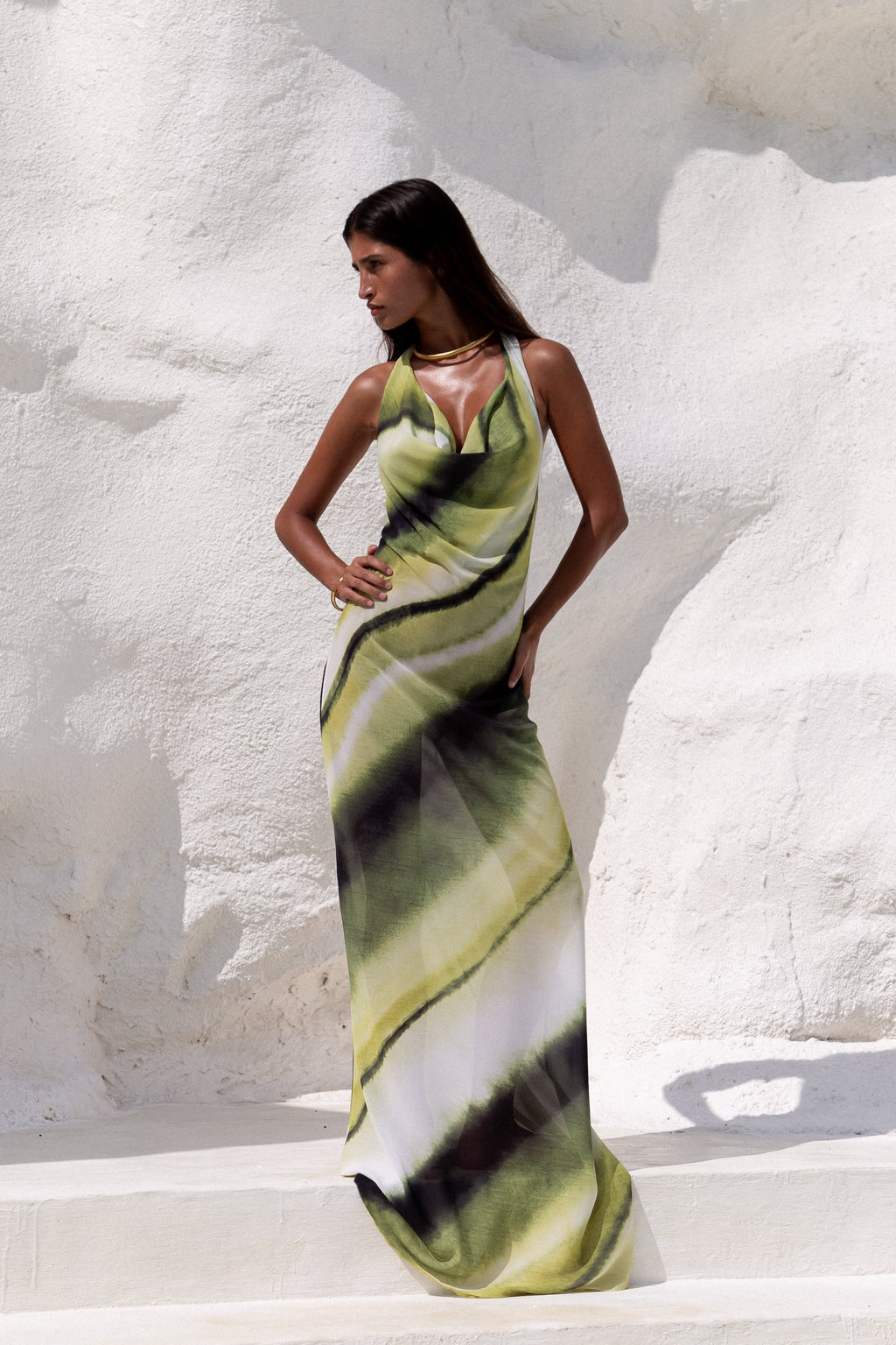 Women's Halter Neck Maxi Dress - Backless V-Neck Abstract Print Formal Maxi