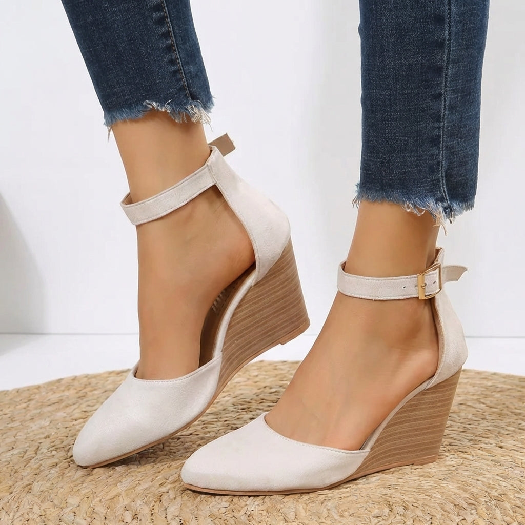 Women's Wedge Heels - Pointed Toe Ankle Strap Buckle Fastening