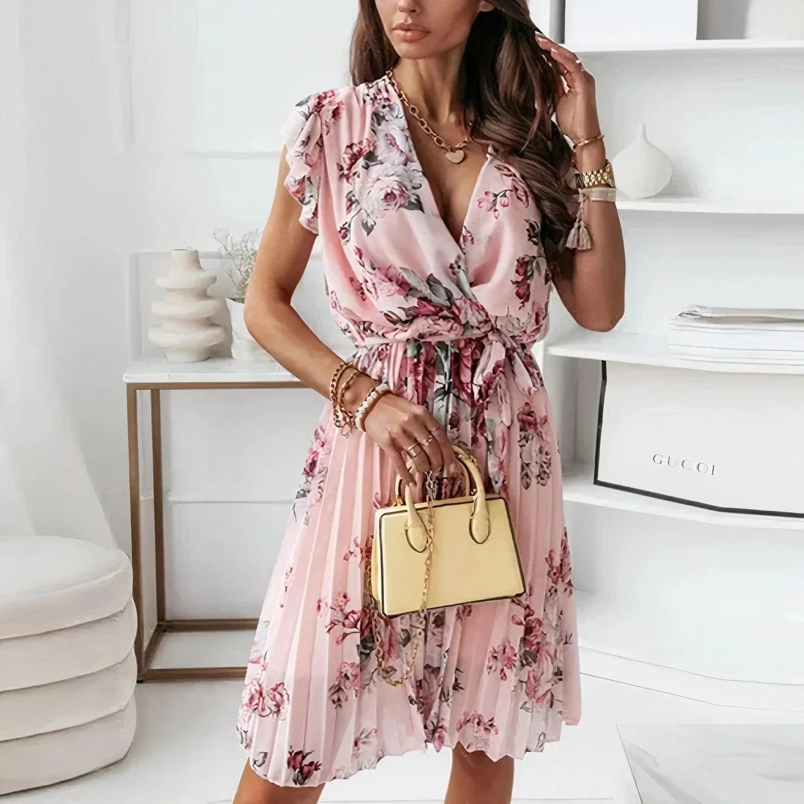 Women's Floral Midi Dress - V-Neck Ruffle Sleeve Pleated Wrap