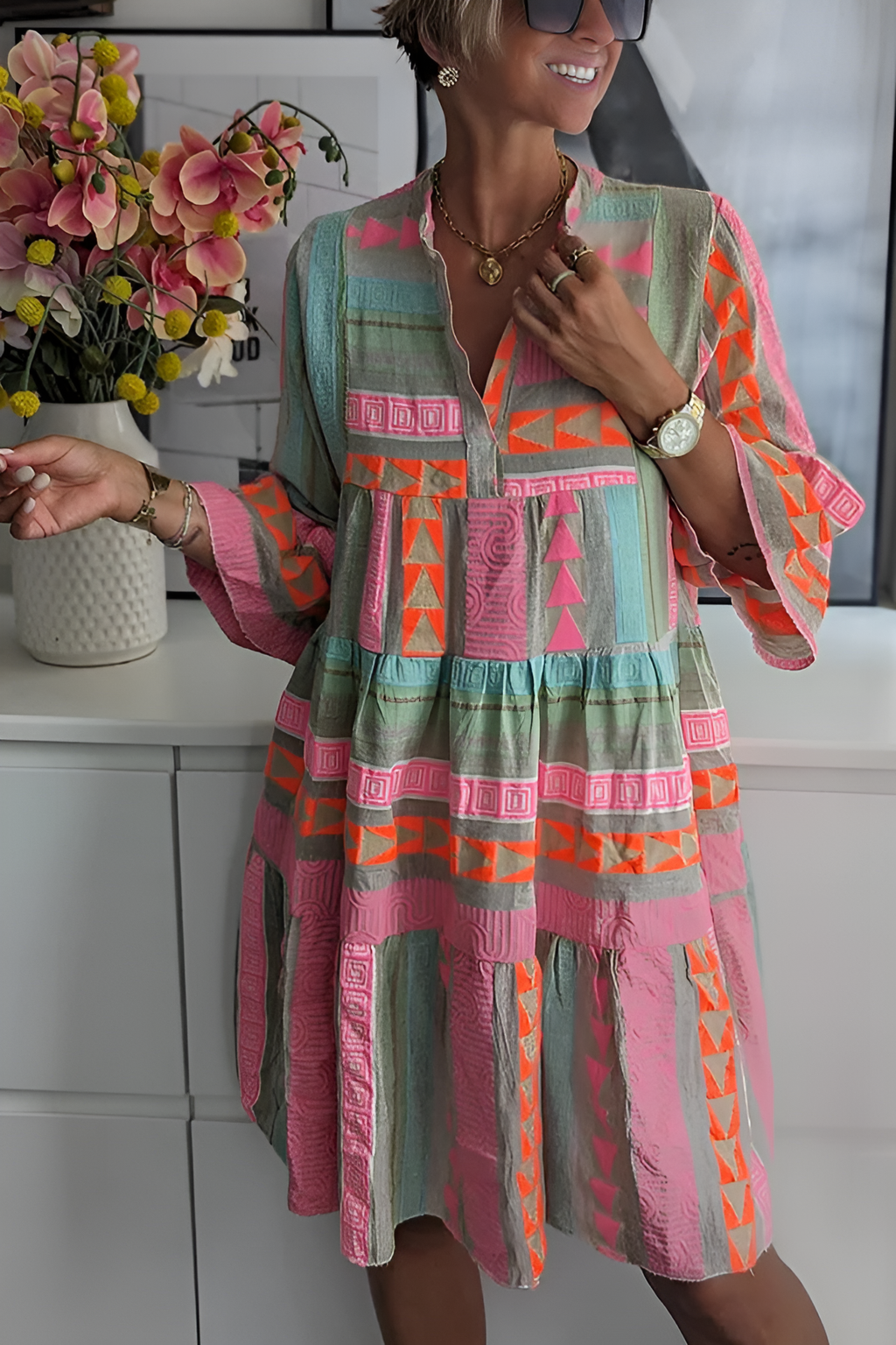Women’s Boho Geometric Print V-Neck Midi Dress – Colourful Long Sleeve Statement Dress