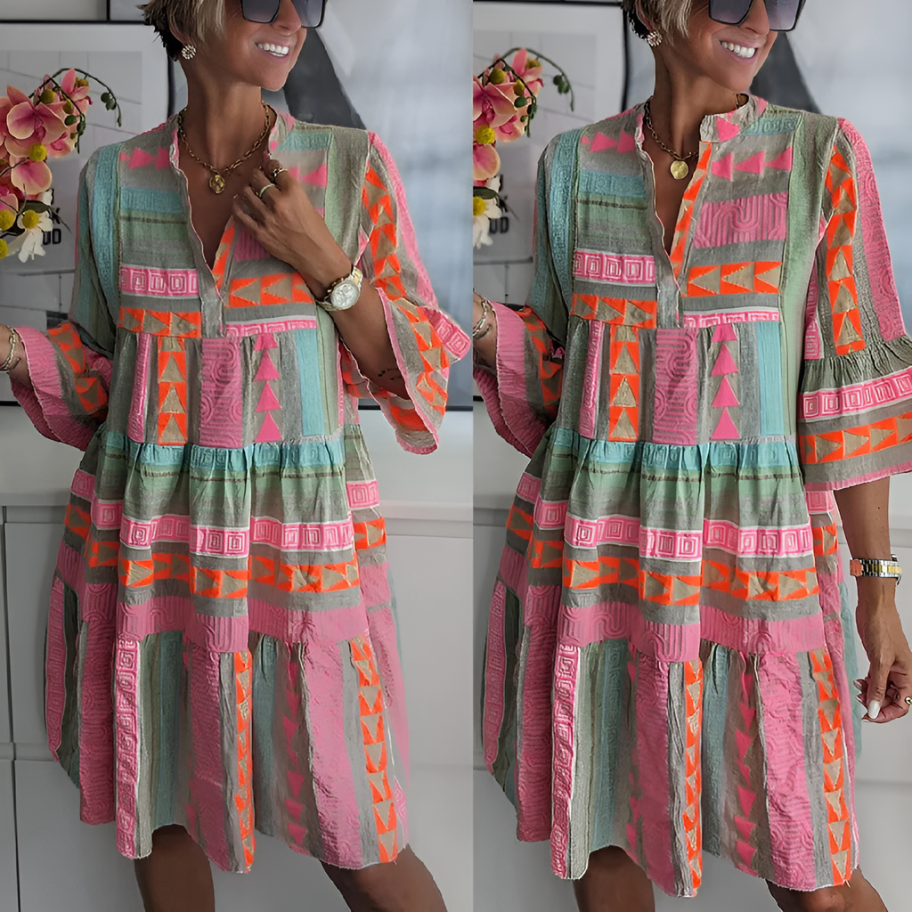 Women’s Boho Geometric Print V-Neck Midi Dress – Colourful Long Sleeve Statement Dress