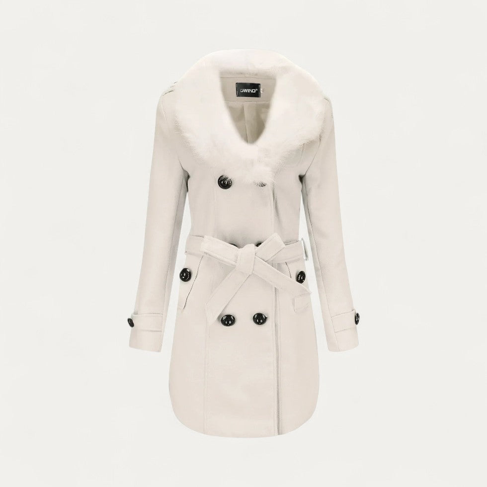 Norelle Co Women’s Double-Breasted Belted Trench Coat with Faux Fur Collar