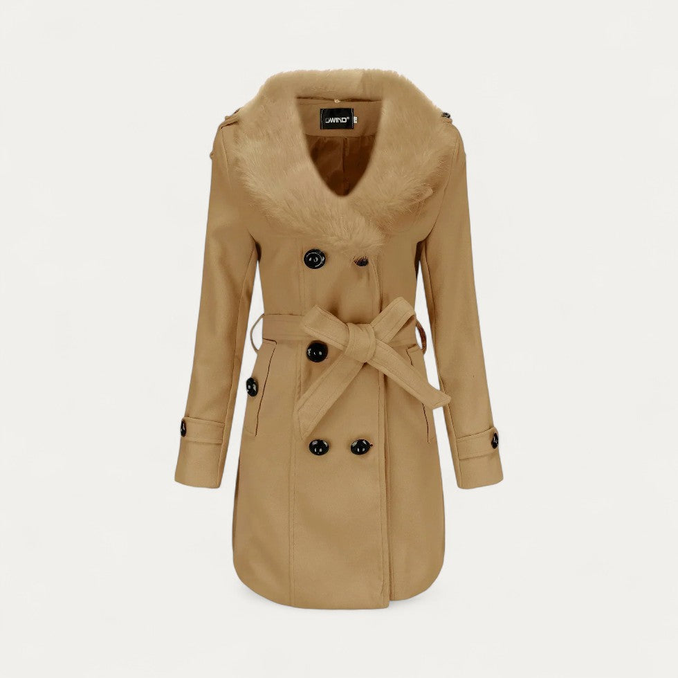 Norelle Co Women’s Double-Breasted Belted Trench Coat with Faux Fur Collar