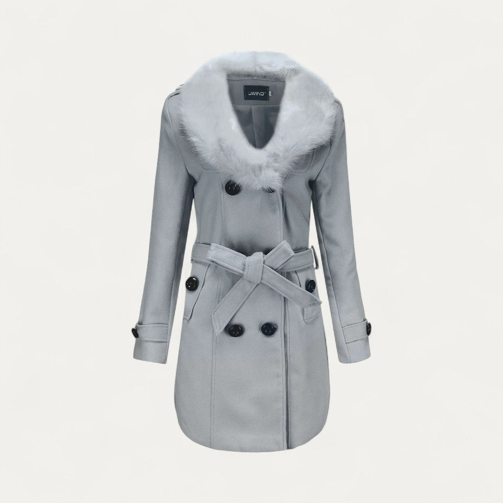 Norelle Co Women’s Double-Breasted Belted Trench Coat with Faux Fur Collar