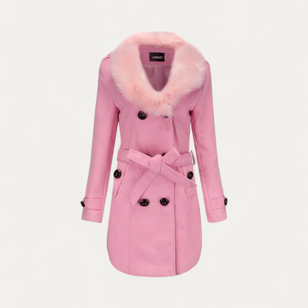 Norelle Co Women’s Double-Breasted Belted Trench Coat with Faux Fur Collar