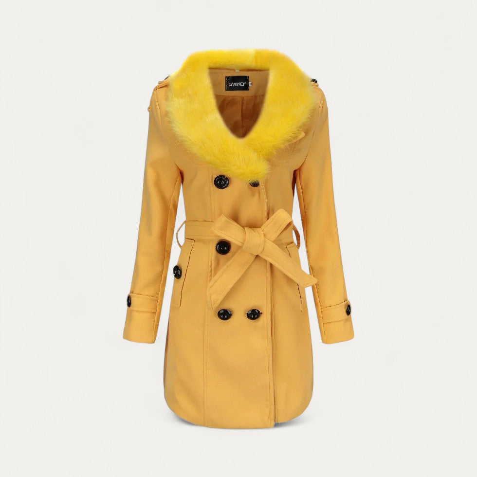 Norelle Co Women’s Double-Breasted Belted Trench Coat with Faux Fur Collar