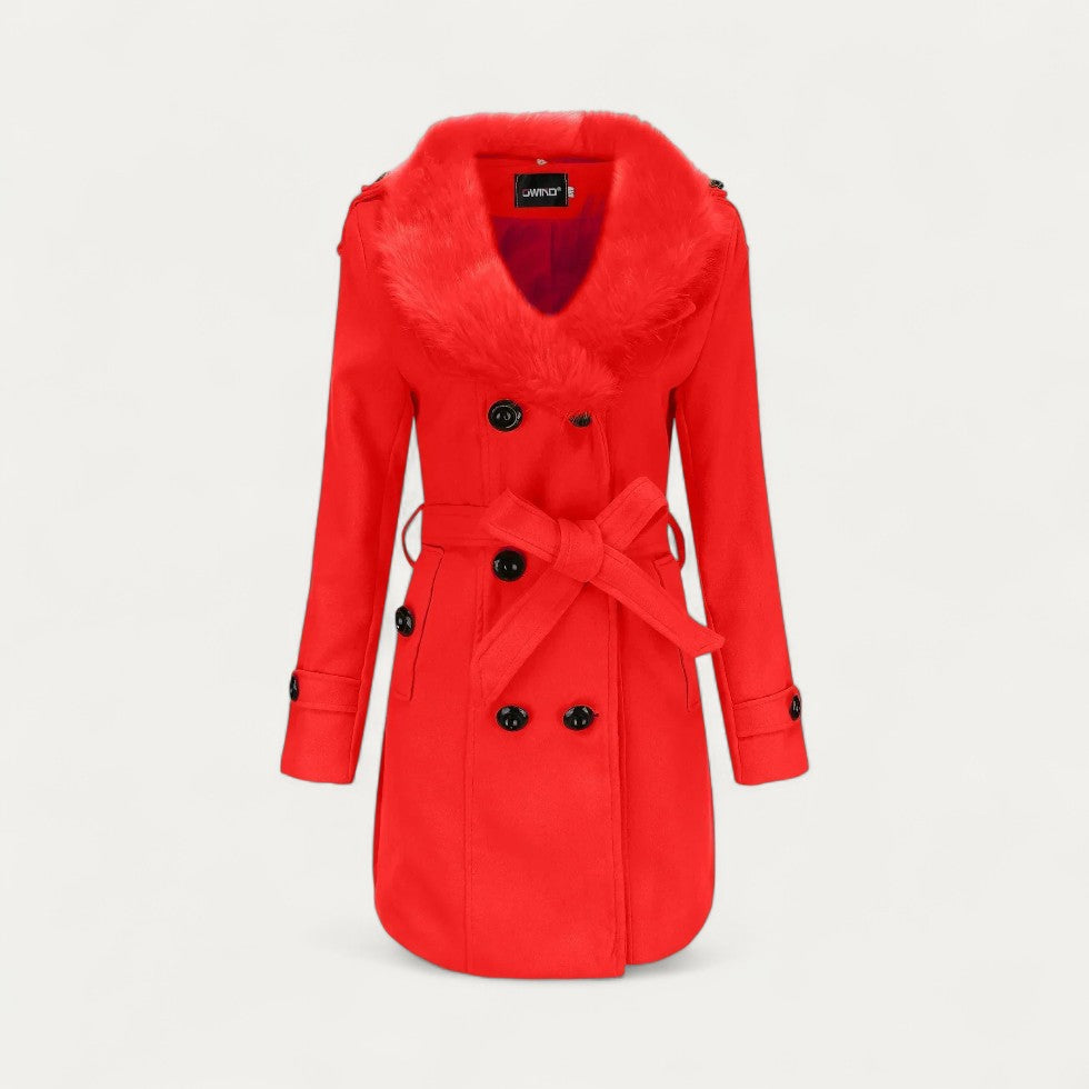 Norelle Co Women’s Double-Breasted Belted Trench Coat with Faux Fur Collar