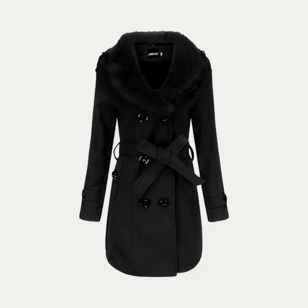 Norelle Co Women’s Double-Breasted Belted Trench Coat with Faux Fur Collar