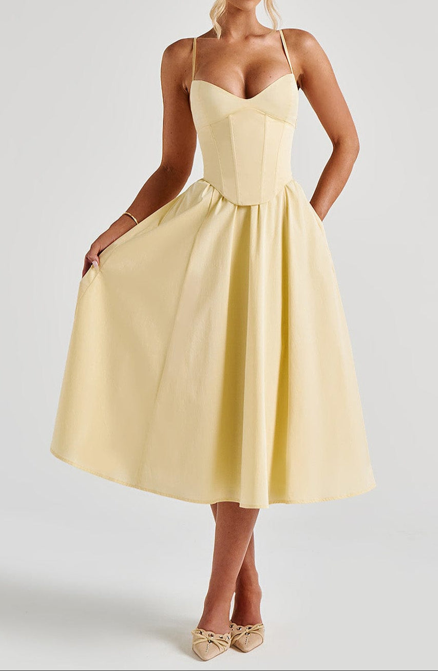 Women's Yellow A-Line Midi Dress - Structured Corset Bodice with Sweetheart Neckline and Side Pockets