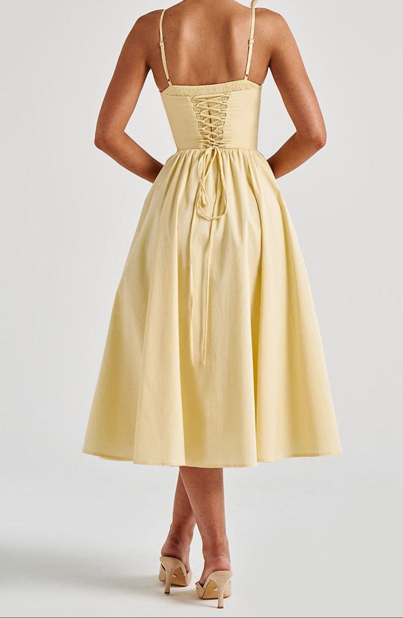 Women's Yellow A-Line Midi Dress - Structured Corset Bodice with Sweetheart Neckline and Side Pockets
