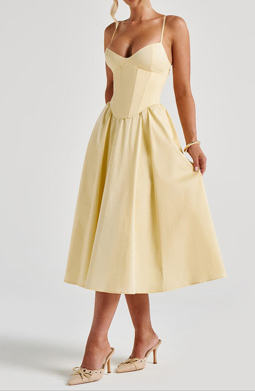 Women's Yellow A-Line Midi Dress - Structured Corset Bodice with Sweetheart Neckline and Side Pockets