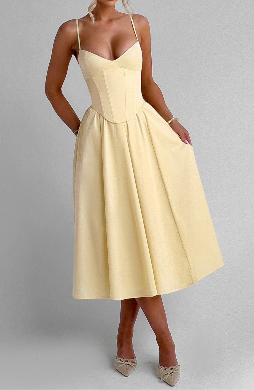Women's Yellow A-Line Midi Dress - Structured Corset Bodice with Sweetheart Neckline and Side Pockets