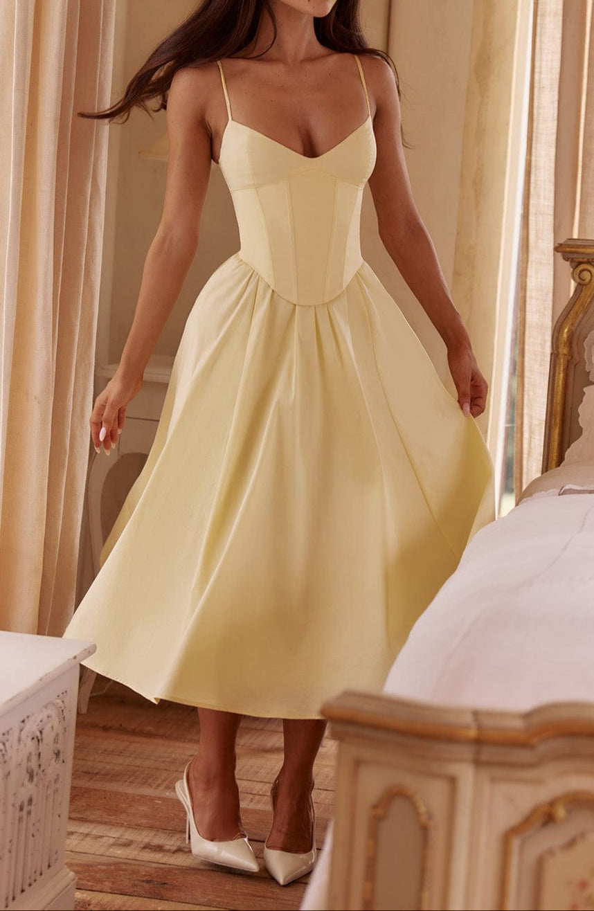 Women's Yellow A-Line Midi Dress - Structured Corset Bodice with Sweetheart Neckline and Side Pockets