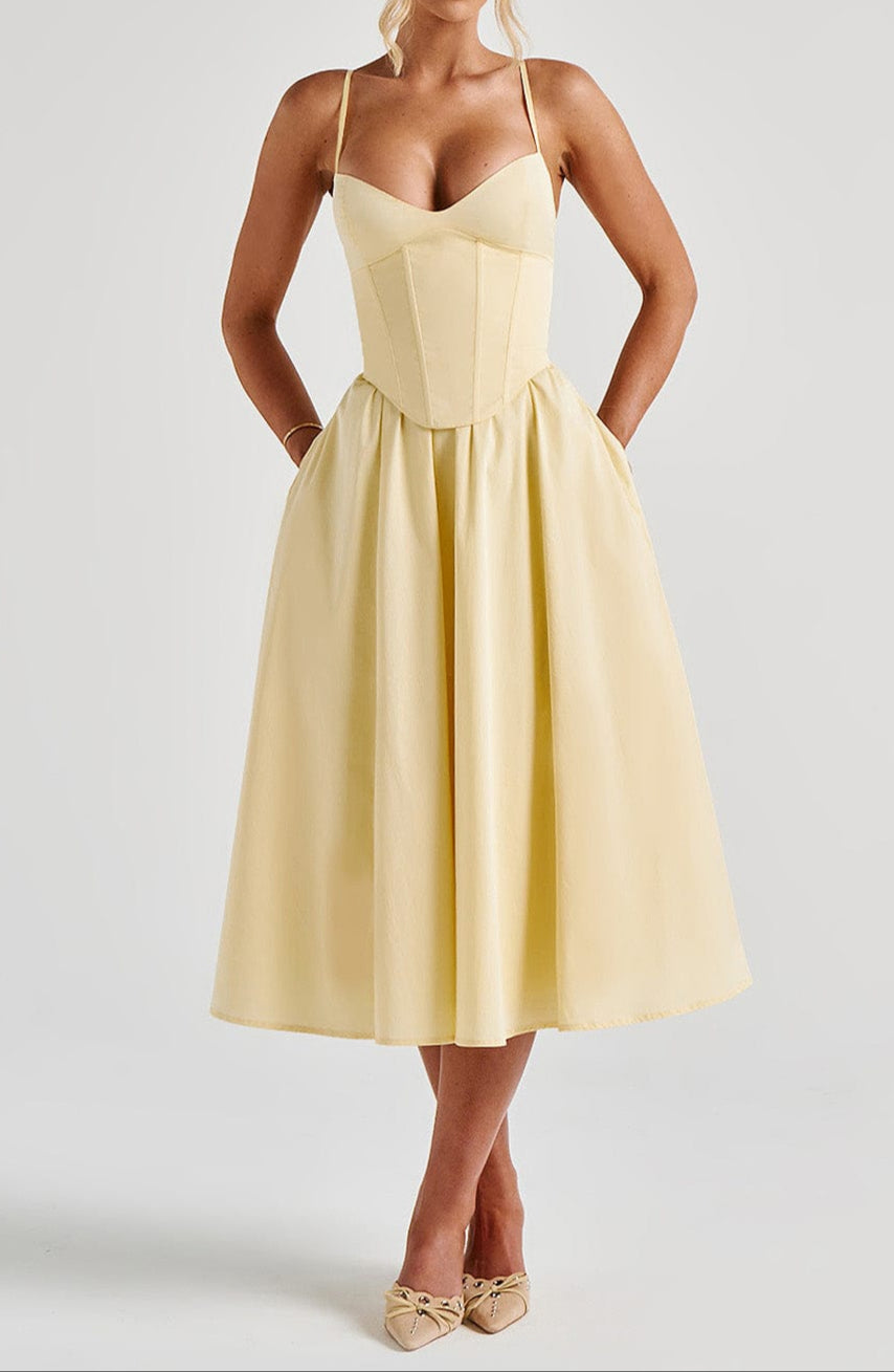 Women's Yellow A-Line Midi Dress - Structured Corset Bodice with Sweetheart Neckline and Side Pockets